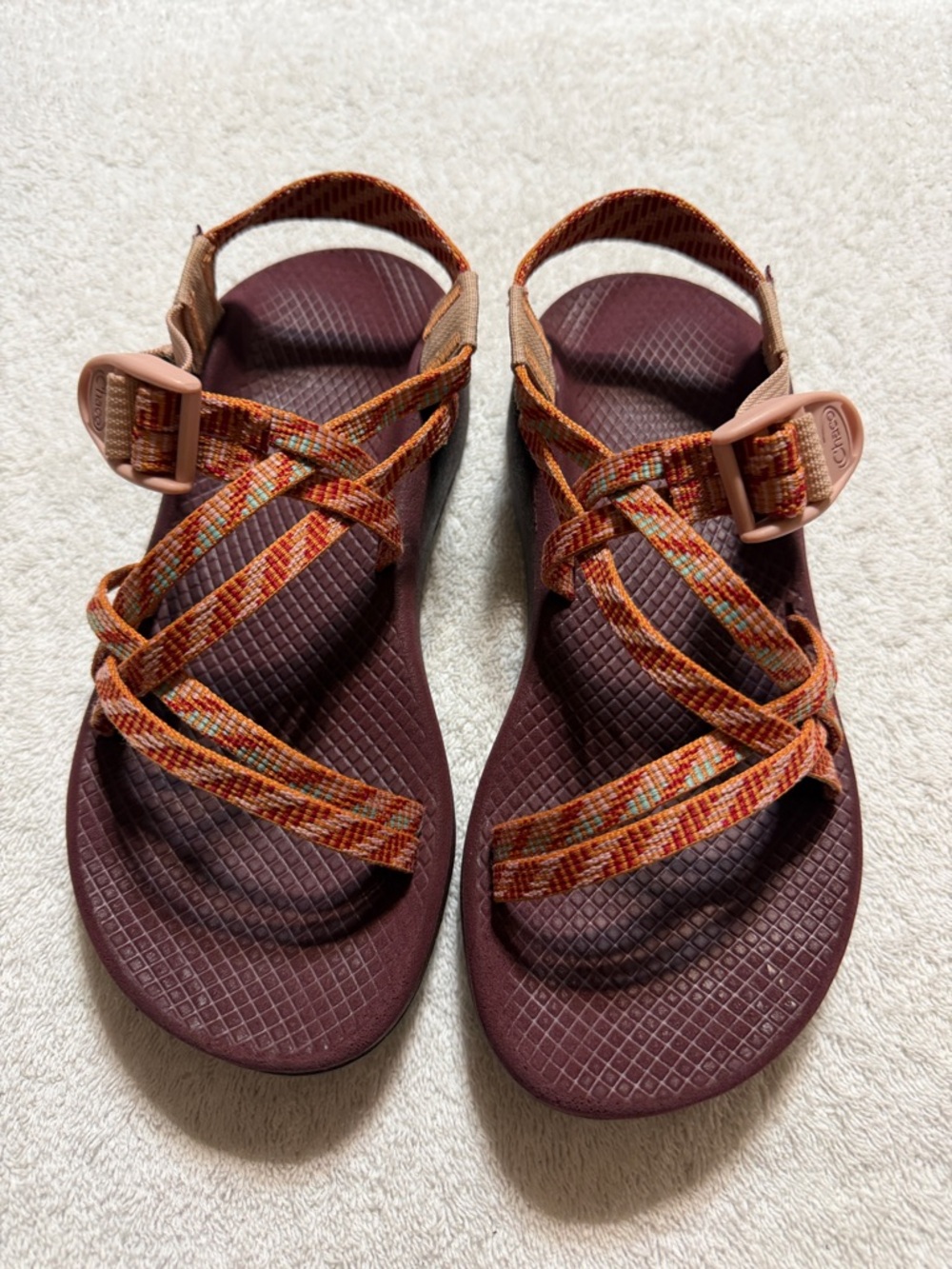 Chaco Women's Sandals in Burgundy Footbed with Orange Multi Straps